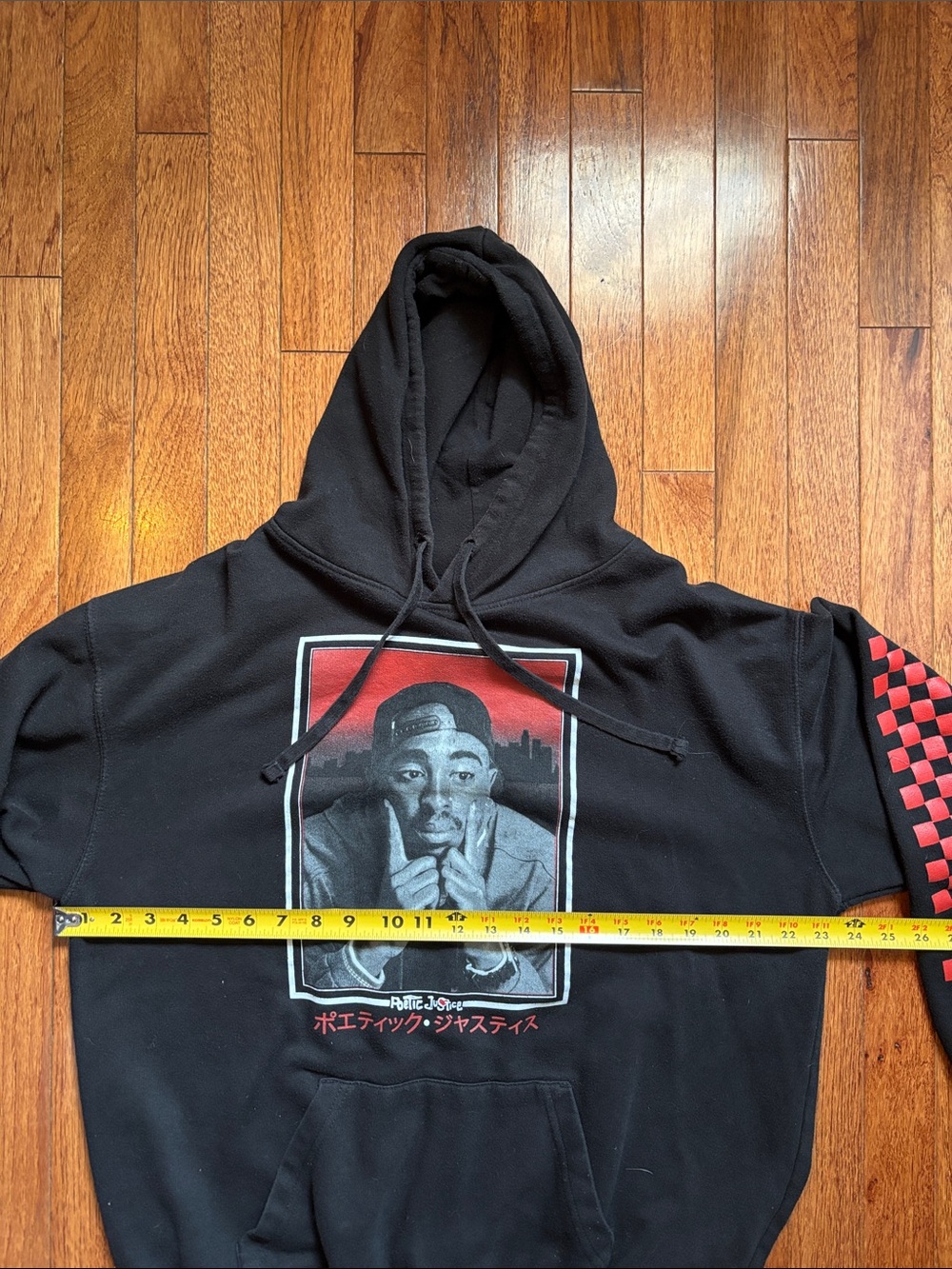 Poetic Justice Black 2Pac Hoodie with Checker Sleeve Size Large - Picture 7 of 8